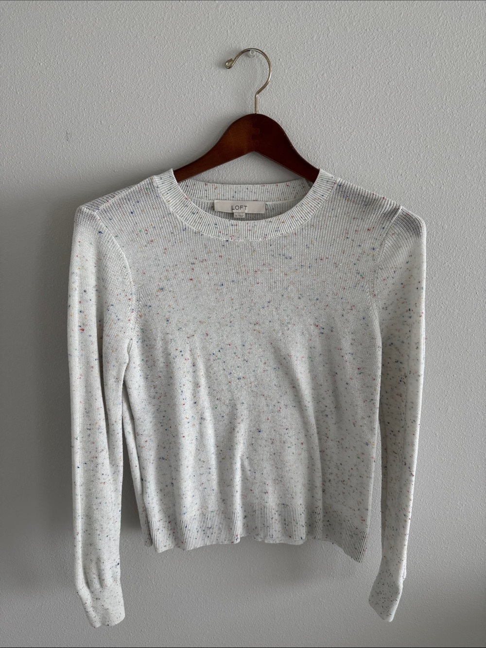 LOFT Cream Speckled Crewneck Sweater with Multicolor Flecks